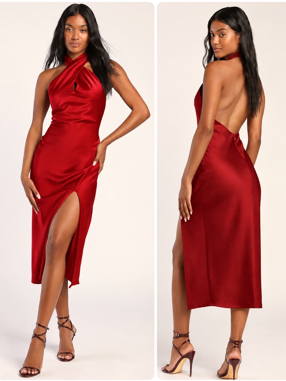 Lulus Beyond Classy Wine Red Satin Halter Side Slit Midi Dress NWT $109